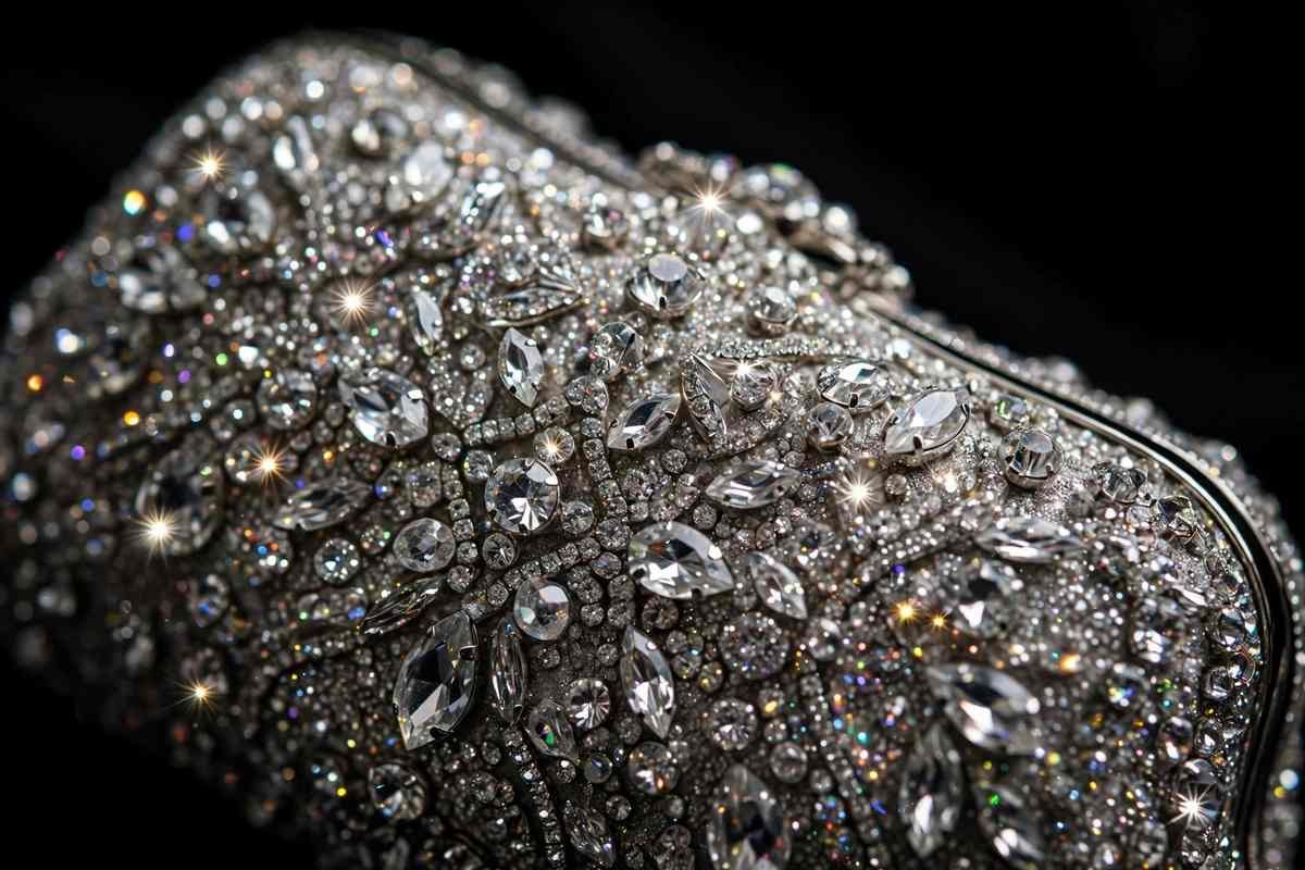 Close-up of a rhinestone-embellished crystal Y2K evening bag