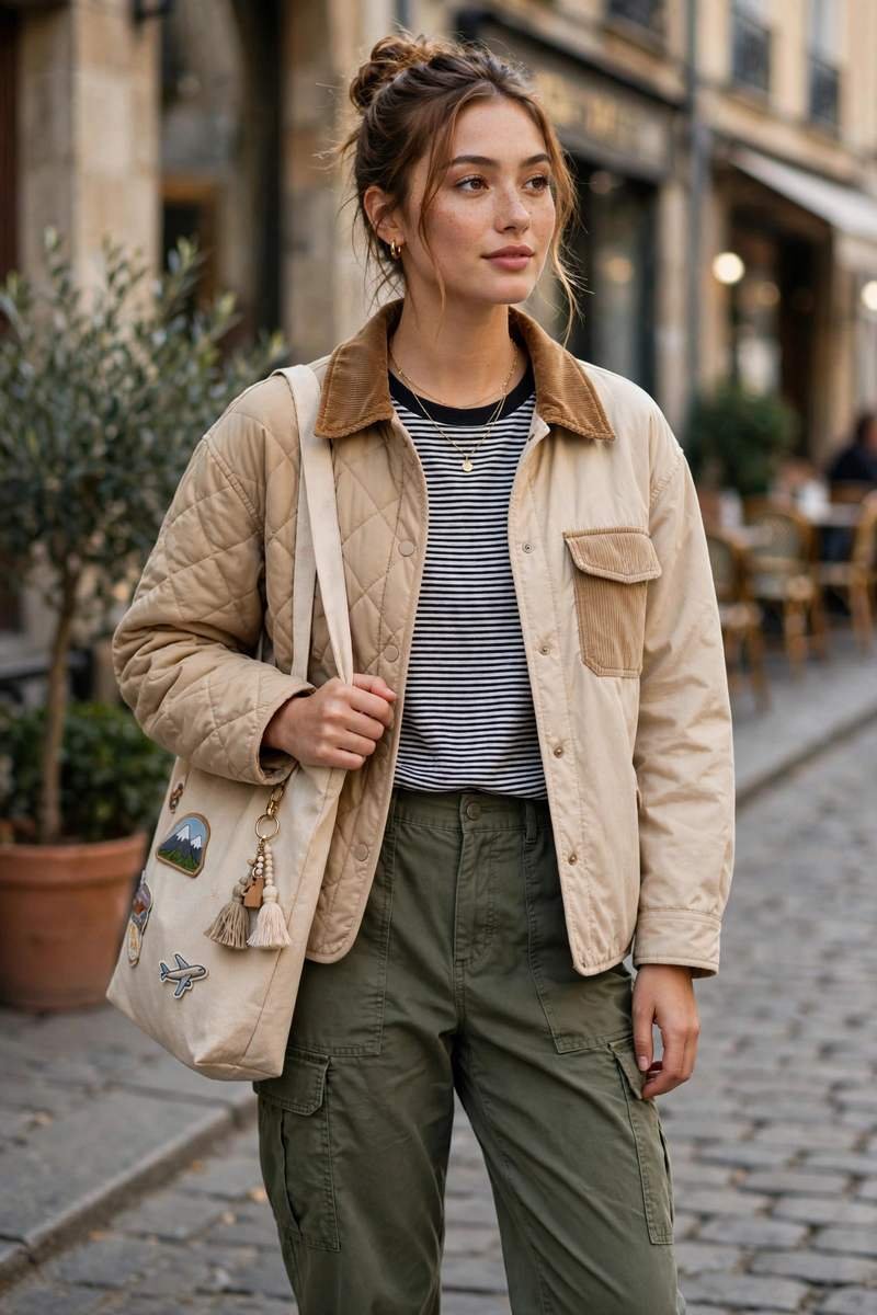 Striped tee with a layered jacket and sneakers in casual travel style